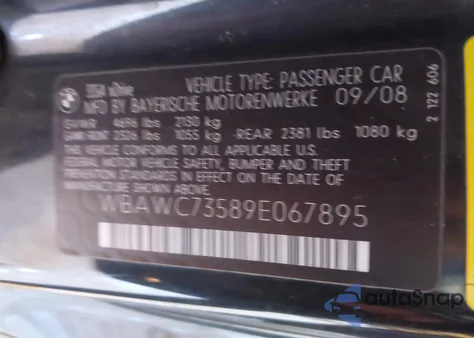 2009 BMW 335I xDrive z USA, uszkodzony, nr VIN WBAWC73589E067895